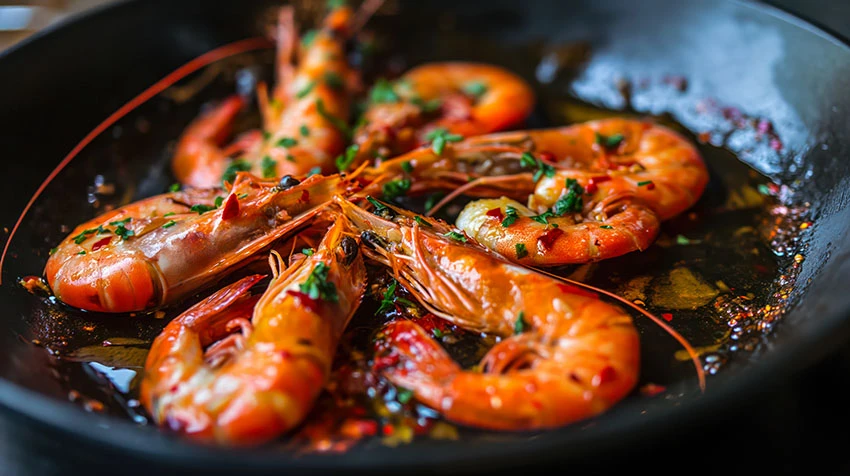 Gambas sautées de Sassandra flambées au cognac